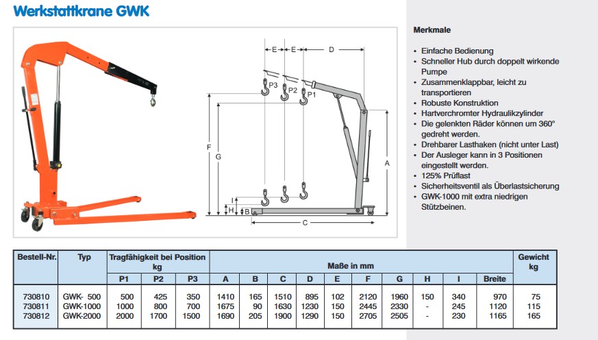 hydraulische Werkstattkrane GWK - Motorkran - Motorheber- Getriebekran- Getriebehber